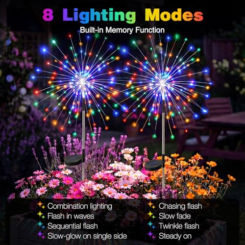 btfarm 2 Pack Solar Garden Lights Outdoor 8 Modes, 120 LED Firework Lights Solar Powered, Waterproof Twinkle Fairy Light Outside for Yard Pathway Lawn Pool Patio Christmas Decorative, Multicolor - color: Coloured, size: 2 Pack