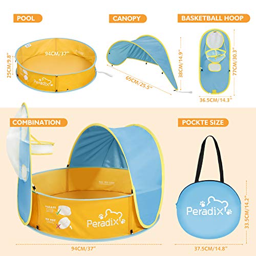 Peradix Paddling Pool for Kids & Pets, Kids Ball Pit Tent 3 in 1, Pop Up Wading Pool Tent with UV Protection Sunshade Canopy Basketball Hoop, Portable Beach Backyard Toys for Indoor Outdoor Activity - color: Blue-yellow