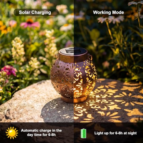 Edenseelake 2 Pack Solar Hanging Lanterns Outdoor Waterproof Flower Lights, Metal Decorative LED Lantern for Garden, Patio, Porch, Yard, Lawn, Bronze - color: Flower, size: 2 packs