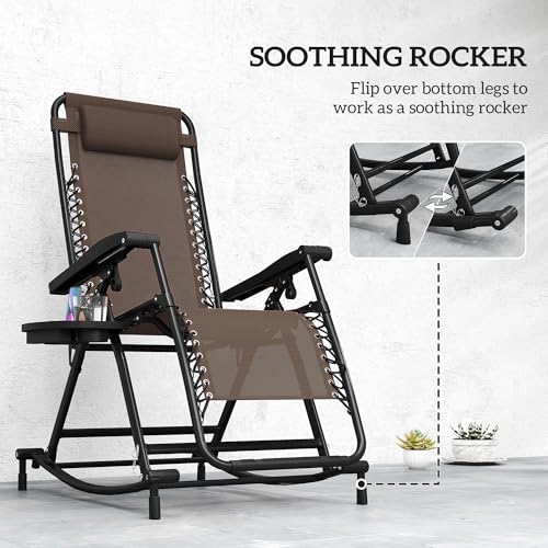 Outsunny Outdoor Rocking Chairs, Foldable Reclining Zero Gravity Lounge Rocker with Pillow, Cup & Phone Holder, Combo Design with Folding Legs, Brown - color: Brown, size: 1 Pack