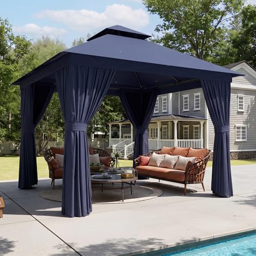 Aoxun Outdoor Gazebo for Patio 10x10 Metal Frame Canopy with Double Roofs Heavy Duty Party Tent and Shelter with Mosquito Netting and Privacy Screen for Backyard, Lawn, Garden, Deck (Navy Blue) - color: Navy Blue, size: 10 X 10