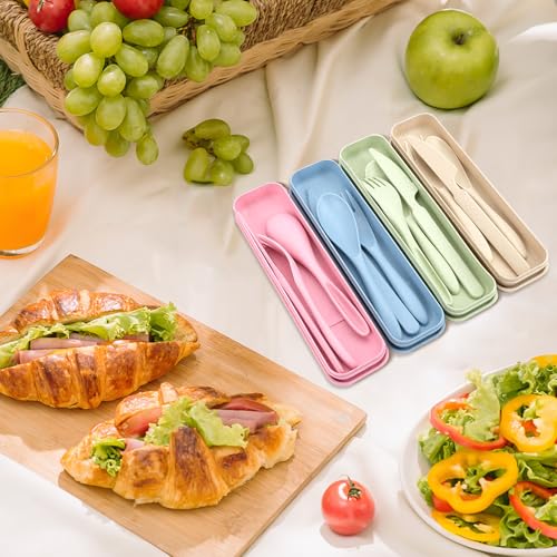 Travel Utensils with Case, 4 Sets Wheat Straw Portable Travel Cutlery Set, Reusable Fork Spoons Knife Tableware Camping Utensil Sets for Kids Adults Picnic or Daily Use, Dishwasher Safe