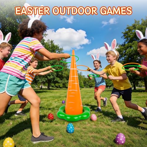 5 Pack Easter Inflatable Ring Toss Game, Outdoor Easter Games Set with 10 Plastic Rings and Pump, Family Carnival Party Favors Supplies
