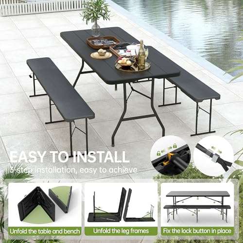 Real Relax 6' Picnic Table with 2 Benches, 3 Piece Black Wood Grain Portable HDPE Folding Camping Table and Benches for Courtyard, Garden, Outdoor Leisure, Party - color: Black