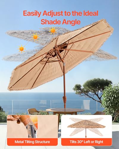 VEVOR Tiki Umbrella Thatched Patio Umbrella with Tilt, Hawaiian Style Beach Parasol with PP Thatch and 8 Metal Ribs, Grass Pool Umbrellas for Beach, Patio, Poolside, Backyard & Garden - size: 6 Ft ( 1-tier )