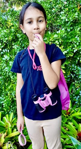 Adventure Kidz - Outdoor Exploration Kit, Children’s Toy Binoculars with Case, Flashlight, Compass, Fox Whistle, Magnifying Glass, Backpack. Great Gift Set for STEM, Pretend Play - color: Pink