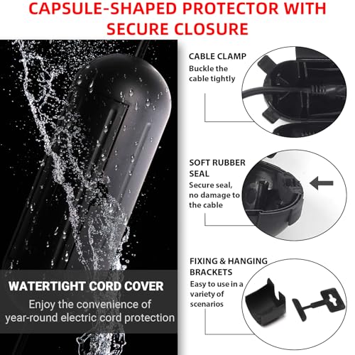 (4-Pack) Large Black Outdoor Extension Cord Plug Protector for AWG12/14/16 Cords | Water-Resistant Holder for Holiday String Lights and Wires | Capsule Shaped Protector with Large Compartment - color: Black, size: Large (with 4 Latches)