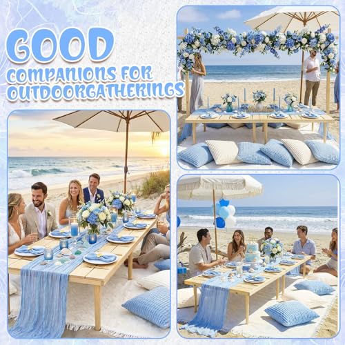 Beeveer 91 x 71 Extra Large Outdoor Boho Picnic Blanket with Table Runner Light Blue, 6 Throw Pillow Covers 6 Napkins Woven Cotton Yarn Oversize Beach Blanket Washable Picnic Camp Wedding - color: Light Blue