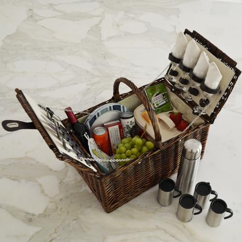 Picnic at Ascot Buckingham Picnic Willow Picnic Basket with Service for 4 and Coffee Service - Designed, Assembled & Quality Approved in the USA - color: Brown Wicker- Blue Stripe Plates/Napkins
