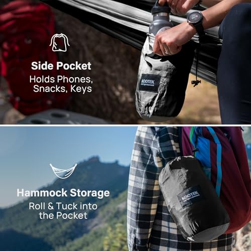 Kootek Camping Hammock, Portable Hammocks with Tree Straps & Attached Carry Bag, Camping Essentials Gear, Perfect for Outside Indoor Hiking Beach Backpack Travel - color: Black & Grey, size: Large