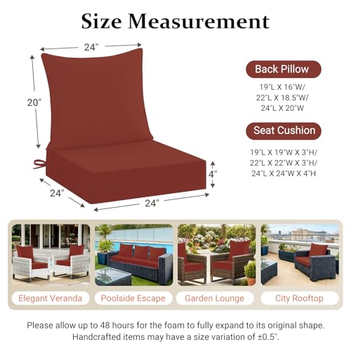 downluxe 24x24 Outdoor Chair Cushions, Waterproof Fade Resistant Patio Furniture Cushions with Handle & Removable Cover, Deep Seat Outdoor Cushions for Sofa, Couch and Patio Chairs, Brick Red - color: Brick Red, size: 24 x 24 Inch