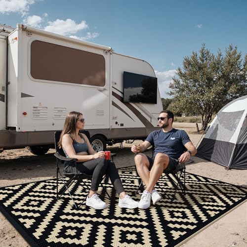 sarben Outdoor Rug for Patio - Waterproof Plastic Straw Camping Rugs 5x8 ft, Reversible Outdoor Indoor RV Mat Carpet for Patio, Porch, Deck, Balcony, Picnic, Beach, Black Beige - color: Black&beige, size: 5' x 8' (Rectangular)