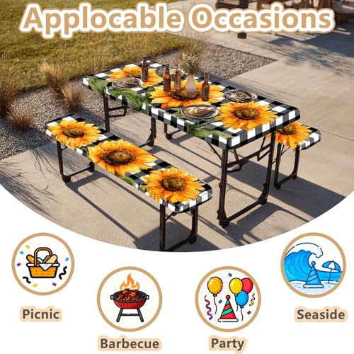 Picnic Table Cover with Bench Covers Elastic Edges, Outdoor Patio Camping Essentials 72 Inch 3PCS, Waterproof Camping Fitted Tablecloth with Handbags (Sunflower buffalo plaid) - color: Black checkered sunflowers