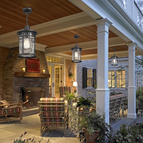 Darkaway Large Outdoor Pendant Lights for Porch, 15inch Outdoor Chandelier Hanging Porch Lights Outside Ceiling Mount Aluminum with Water Ripple Glass for Front Porch Gazebo Patio - color: Black-Water Ripple Glass, size: Large Size