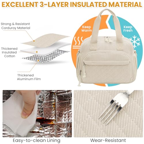 ELONGRIVER Corduroy Insulated Lunch Bag for Women Teen Girls, Portable Adult Lunch Box, Reusable Tote Cooler Bags, Lightweight Womens Lunch Bags with Front Pockets for Work School Picnic Travel, Beige - color: Beige