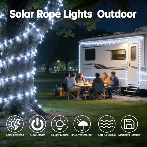 Solar Rope Lights for Outside, 2 Packs Total 66ft 200 LED Solar String Lights with 8 Modes, Waterproof Solar Outdoor Light for Patio Garden Party Tree Porch Pool Holiday Xmas Decor-White - color: White, size: 2x33ft