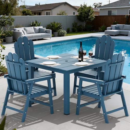5-Piece Patio Dining Set, Outdoor Dining Set for 4, HDPE All-Weather Outdoor Furniture with 35.43” Umbrella Hole Table, 4 Armchairs, Navy - color: Navy, size: 4 Armchairs
