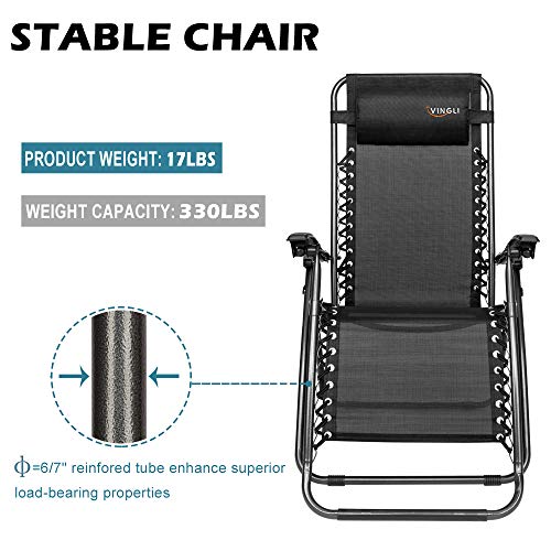 VINGLI Upgraded Zero Gravity Chair Set of 2 Lounge Outdoor Chairs with Trays and Pillows, Folding Patio Recliner Chairs for Backyard Poolside Garden - color: Black