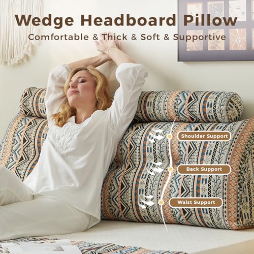 Bohemian style comfortable headrest pillow, large triangular sponge headboard, queen latex long pillow, reading headrest pillow - color: Amber Elegance, size: Full