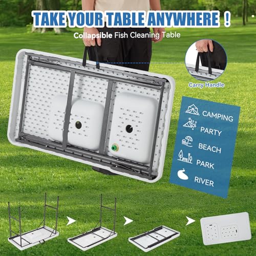 Folding Fish Cleaning Table Portable Camping Double Sinks Table w/2 Dual Water Basins, Faucet Drainage Hose & Sprayer Outdoor Fish Fillet Cleaning Station w/Knife, Storage Box,Black | Portable, Camping, 2 Dual Water Basins, Faucet, Drainage Hose, Sprayer