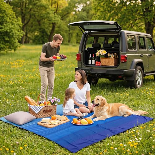 AISPARKY Pocket Beach Blanket Waterproof Sandproof Compact Picnic Mat with Sand Remover, Portable Outdoor Mat for Camping Hiking Travel Festival - color: Striped Blue Green Gradient, size: 79" X 83"