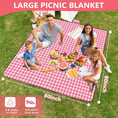 OBTANIM Extra Large Picnic Blanket 80 x 80 Inch Waterproof Foldable Beach Blankets Outdoor Picnic Mat for Camping Grass Lawn Park Music Festival Party Accessories (Red and White) - color: Red and White, size: 80 X 80 Inch