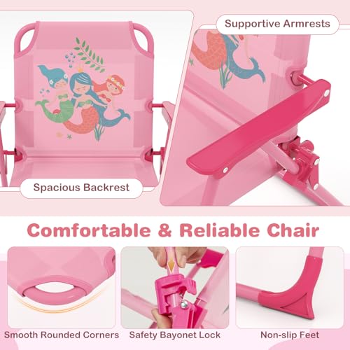 KOTEK Kids Picnic Table with Umbrella, Outdoor Table & 2 Folding Chairs, Cute Pattern Children’s Patio Furniture, Portable Kids Table and Chair Set for Backyard, Garden, Beach (Pink) - color: Pink Mermaid