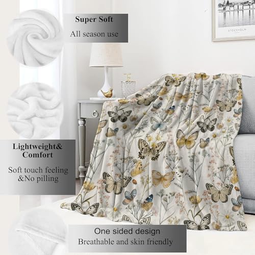Vintage Butterfly Floral Blanket Elegant Retro Wildflowers Throw Blankets Gifts for Girls Women Adults Lightweight Soft Fleece Cozy for Sofa Couch Bed Room Travel Birthday Party Decor 40x50in - color: Butterfly 02, size: 40x50in