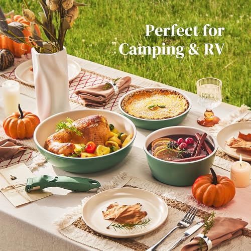 Redchef 16pcs Ceramic Pots and Pans Set Non Stick, Nonstick Ceramic Cookware Set with Detachable Handle, Non Toxic, PFAS PFOA & PTFE Free RV Cookware for Camping, Dishwasher/Oven Safe (Green) - size: 16 pcs Green