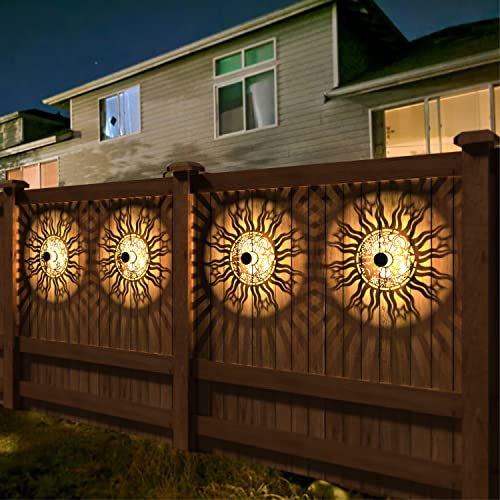 gardencave 4 Pack Solar Fence Lights Metal Solar Powered Outdoor Wall Deck Lights Sun Moon Theme Waterproof Fence Light for Garden Post Patio Backyard Yard Decor (Face, 4 Pack) - color: Face, size: 4 Pack