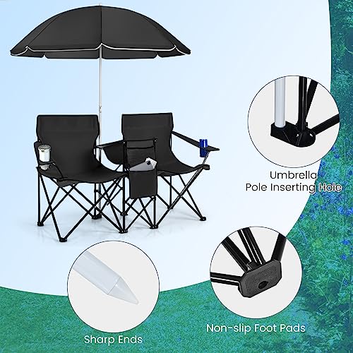 Double Camping Chair, 2-Person Portable Beach Chair w/Removable Umbrella, Cup Holders & Carrying Bag, Folding Loveseat Chairs for Adults Outdoor Picnic (Black) - color: Black