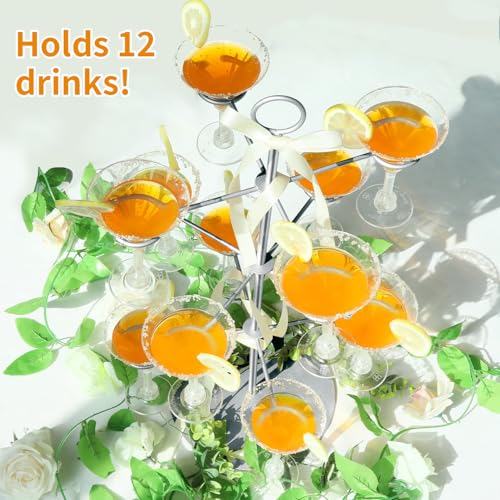 QPIX DIGITAL Cocktail Tree Stand, Metal Drink Tower, 3 Tier - 12 Holders For Champagne, Cocktails,Martini, Margarita Cups at Weddings, Bridal Shower, Mimosa Bar Parties & Events (Silver) - color: Silver, size: 24"x 13"-12 Holders