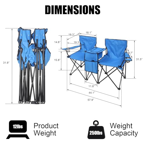 Outvita Folding Double Camping Chair w/Umbrella Beverage Holder Carrying Bag Cooler Fold Up Table, Large Bearing Capacity for Beach Patio Pool Park Outdoor Blue - color: Blue