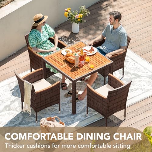 Devoko 5 PCS Furniture, Patio Conversation Set with Acacia Wood Top, Rattan Outdoor Dining Table and Chairs for Backyard, Garden, Deck, Brown - color: Brown, style: 5 Piece Dining Set