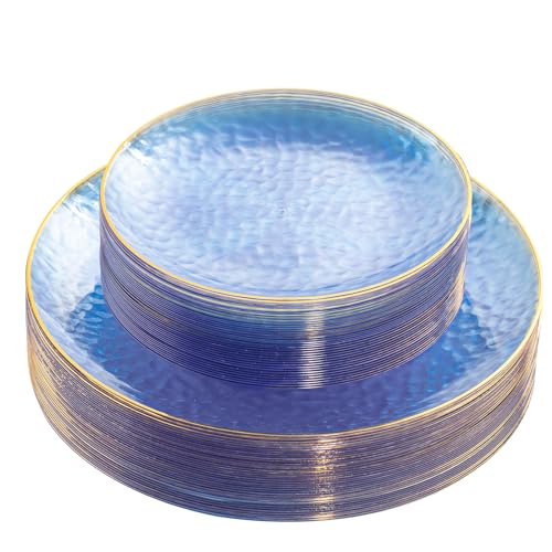 Rubtlamp 60Pcs Clear Blue Plastic Plates, Hammered Blue Plates, Clear Fancy Disposable Plates With Gold Rim Include 30 Dessert Plates, 30 Dinner Plates for Party - color: Clear Blue Gold