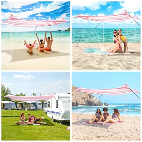 Beach Tent Canopy, UPF 50+ UV Protection Beach Sun Shade, Portable 10×10 FT Large Pop-Up Tent Sun Shelter with Sand Anchors, Ground Pegs, Easy Setup for Camping, Park, and Backyard Fun-Pink Stripe - color: Pink Stripe