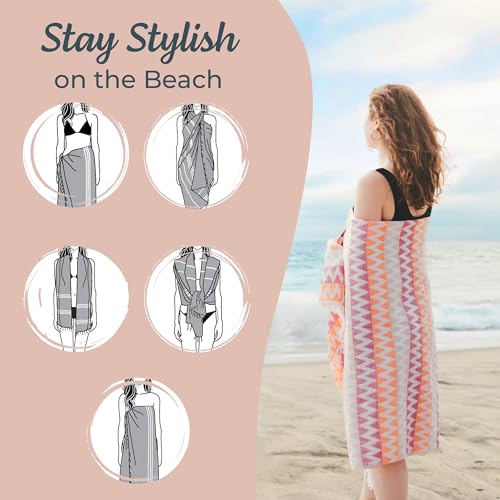 Turkish Beach Towel (35”x67”) – 100% Cotton Quick Dry, Lightweight Oversized Beach Towel for Pool & Travel – Zig Zag Orange Color - color: Fuchsia Orange Beige