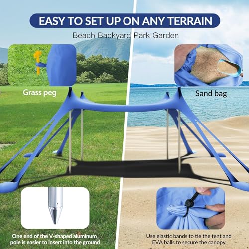 Gardentime Beach Tent Canopy with 8 Sandbags 4 Aluminum Poles, Pop Up Portable Camping Sun Shelter, Easy Set Up with 2 Sand Shovel, Ground Pegs, Carrying Bag for Outdoor Beach,Picnic, Fishing - color: Navy