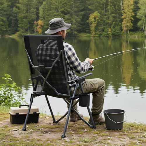 EVER ADVANCED Teslin Reclining Camping Chairs for Adult Lightweight, Portable Compact Folding Chair with Adjustable Back, 4-Level Recliner Chairs, Lawn Chair for Patio Balcony, Supports 300lbs, Black - color: Black, style: Mesh High Back