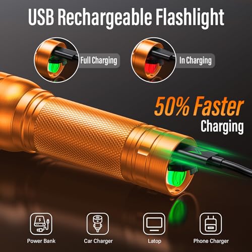 Rechargeable Flashlights High Lumens, G1000 Super Bright Flash Light 2 Pack, Small Zoomable LED Flashlight with 3 Lighting Modes, Portable Flashlight for Camping Essentials (Battery Included)-Orange - color: Orange, size: 2 Pack