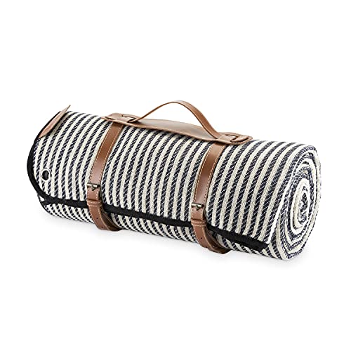 Twine Picnic Blanket - Waterproof Outdoor Blanket with Leather Carrying Straps and Picnic Stakes - Navy/White Striped 6pc Set of 1 - style: Picnic Blanket
