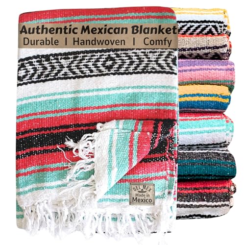 Del Mex Classic Mexican Blanket, Large Authentic Woven Falsa Throw (70"x50"), Artisan Southwest Décor for Beach, Yoga, Outdoors (Pink/Mint) - color: Pink/Mint