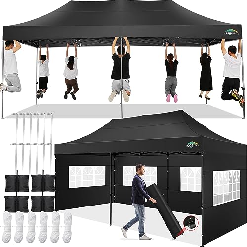 COBIZI 10x20 Pop up Canopy Tent 10x20 Canopy with 6 Sidewalls Waterproof Heavy Duty Commercial Canopy Tent for Parties Outdoor Garden Gazebo, Carry Bag with Wheel(10x20ft, Black) - color: Black, size: 10x20ft 6 Sidewalls