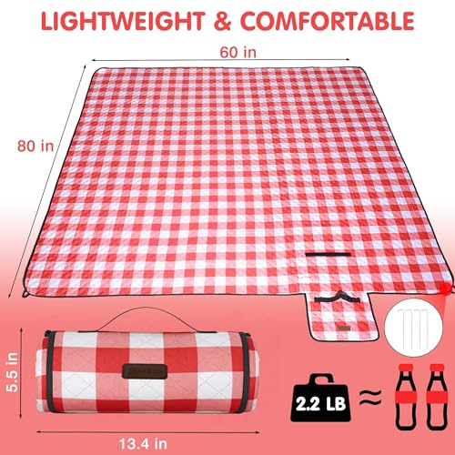 HX&OD Outdoor Picnic Blanket, Extra Large, 80''x60'' Waterproof Foldable Blankets Gingham Picnic Mat for Beach, Camping Grass Lawn Park Accessories Cute Couple Ideas Wedding (Red, 80”x60”) - color: Red, size: 5' x 6'8" (Square)