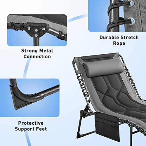 Flamaker Folding Chaise Lounge Outdoor Portable Lounge Chairs 4-Position Adjustable Camping Lounge Chair with Pillow & Side Bag Lightweight Recliner Sunbathing Chair for Pool Beach Deck (Grey) - color: Grey