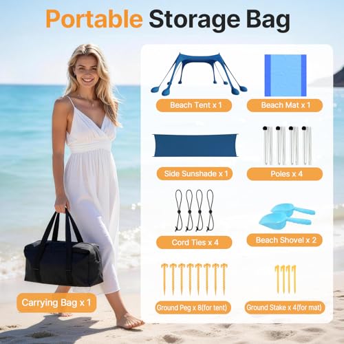 HOPERAN Beach Tent Sun Shelter, UPF50+ UV Protection, 10x10FT Pop Up Shade Beach Canopy Windproof for Outdoor Camping, Fishing, Picnics with 8 Sandbags, 1 Beach Mat, 1 Sideshade, 4 Stability Poles - color: 10x10 FT Navy Blue