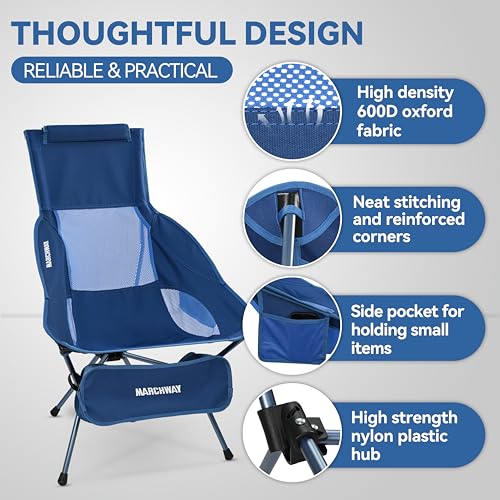 MARCHWAY Lightweight Folding High Back Camping Chair with Head Support, Stable Portable Compact for Outdoor Camp, Travel, Beach, Picnic, Festival, Hiking, Backpacking (Highback Dark Blue) - color: Highback Blue