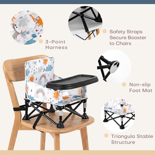 Toddler Booster Seat for Kitchen Chair & Travel - Portable Foldable with Removable Tray, Baby Camping Chair 6-36 Months Indoor Outdoor (White Cloud Design) - color: Little Sun Baby Seat