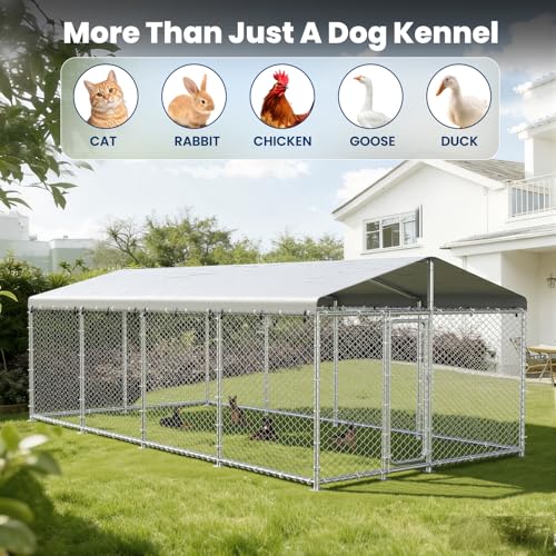 20x10 FT Extra Large & Heavy Duty Dog Kennel Run - Outdoor Metal Enclosure with Lockable Door and Waterproof Cover for Big Dogs - size: 240x120in
