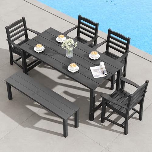 Tangkula 6 Pieces Patio Dining Bench Set, Outdoor HDPE Weather Resistant Table and Chairs Set with 1.77” Umbrella Hole and Wood-Like Surface, Outside Furniture Set for Garden, Backyard (Black, 6 Pcs) - color: Black, size: 6 Pcs